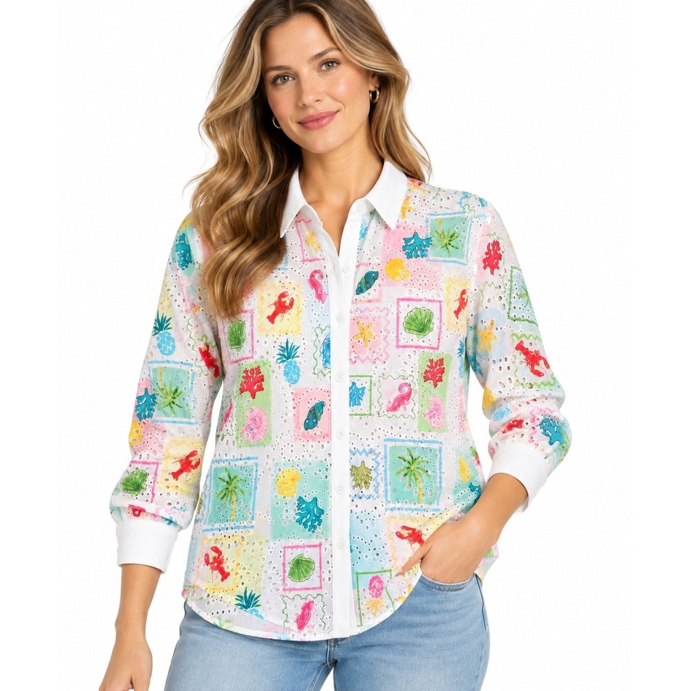 Taelynn Coastal Eyelet‎ Button Down Shirt Multi Color Lobster Palm Linen blend L